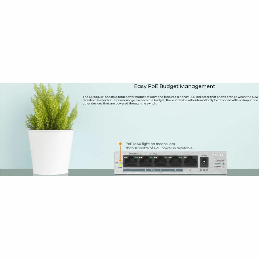 ZYXEL GS1005HP 5 Ports Ethernet Switch - Gigabit Ethernet - 1000Base-T - Silver