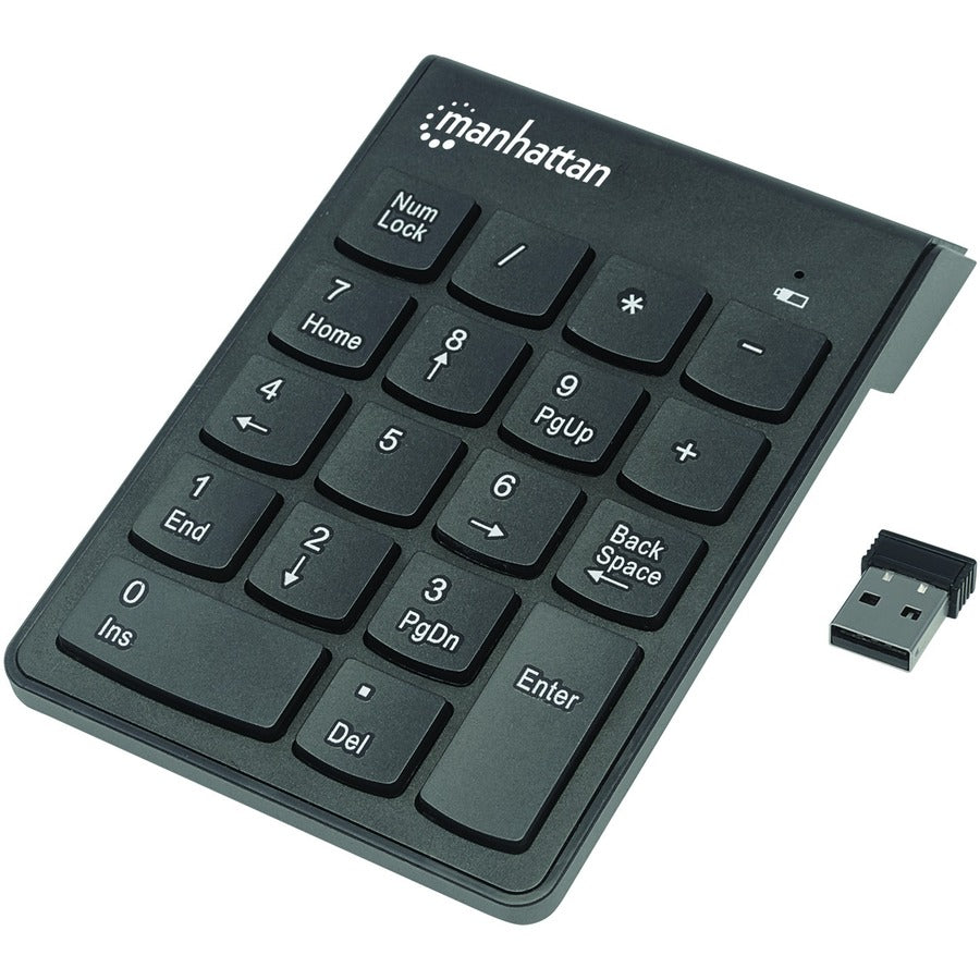 Numeric Keypad, Wireless (2.4GHz), USB-A Micro Receiver, 18 Full Size Keys, Black, Membrane Key Switches, Auto Power Management, Range 10m, AAA Battery (included), Windows and Mac, Three Year Warranty