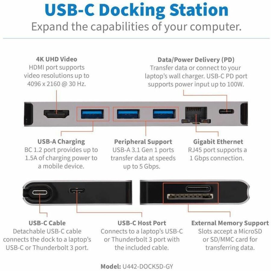 Tripp Lite series U442-DOCK5D-GY USB Type C Docking Station for Smartphone, Notebook, Tablet - 100 W
