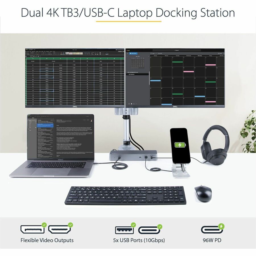 StarTech.com USB C Docking Station for MacBook Pro/Air-M1/M2/M3/M4 (Thunderbolt Compatible) - Dual HDMI/DisplayPort, 96W Power Delivery