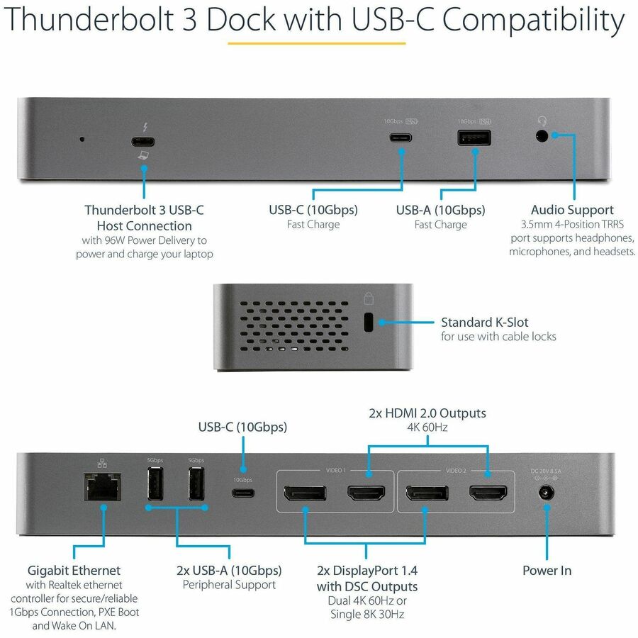 StarTech.com USB C Docking Station for MacBook Pro/Air-M1/M2/M3/M4 (Thunderbolt Compatible) - Dual HDMI/DisplayPort, 96W Power Delivery