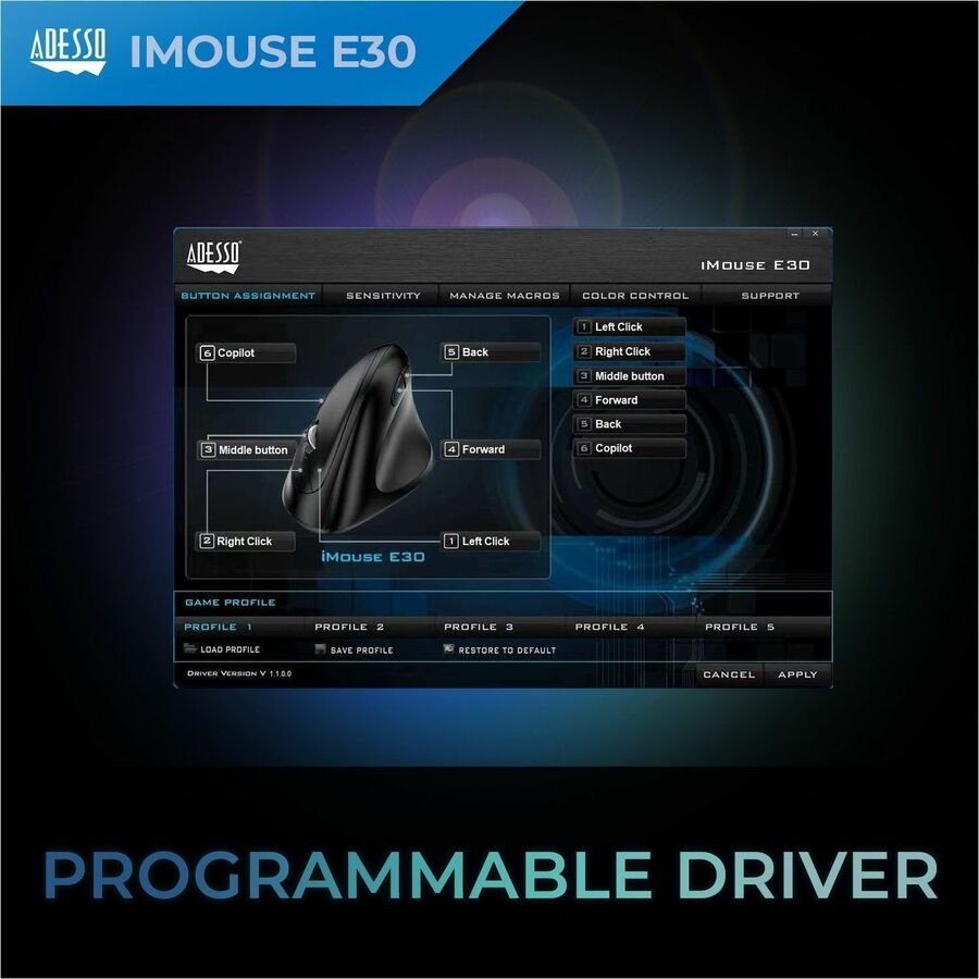 Adesso iMouse E30 Mouse - Radio Frequency - USB - Optical - 6 Button(s) - Black