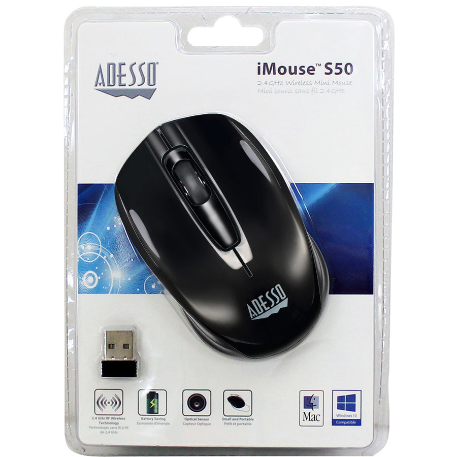 Adesso iMouse S50 Travel Mouse - Radio Frequency - USB - Optical - 3 Button(s) - Black