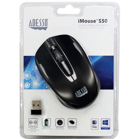 Adesso iMouse S50 Travel Mouse - Radio Frequency - USB - Optical - 3 Button(s) - Black