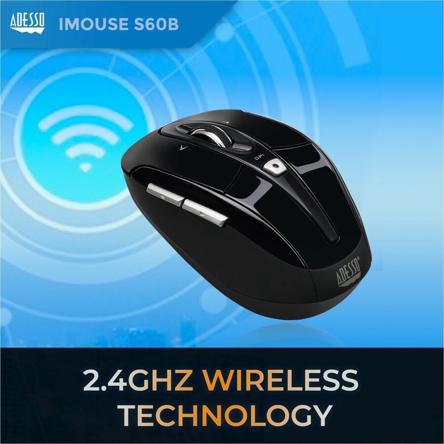 Adesso iMouse S60B Mouse - Radio Frequency - USB - Optical - 6 Button(s) - Black