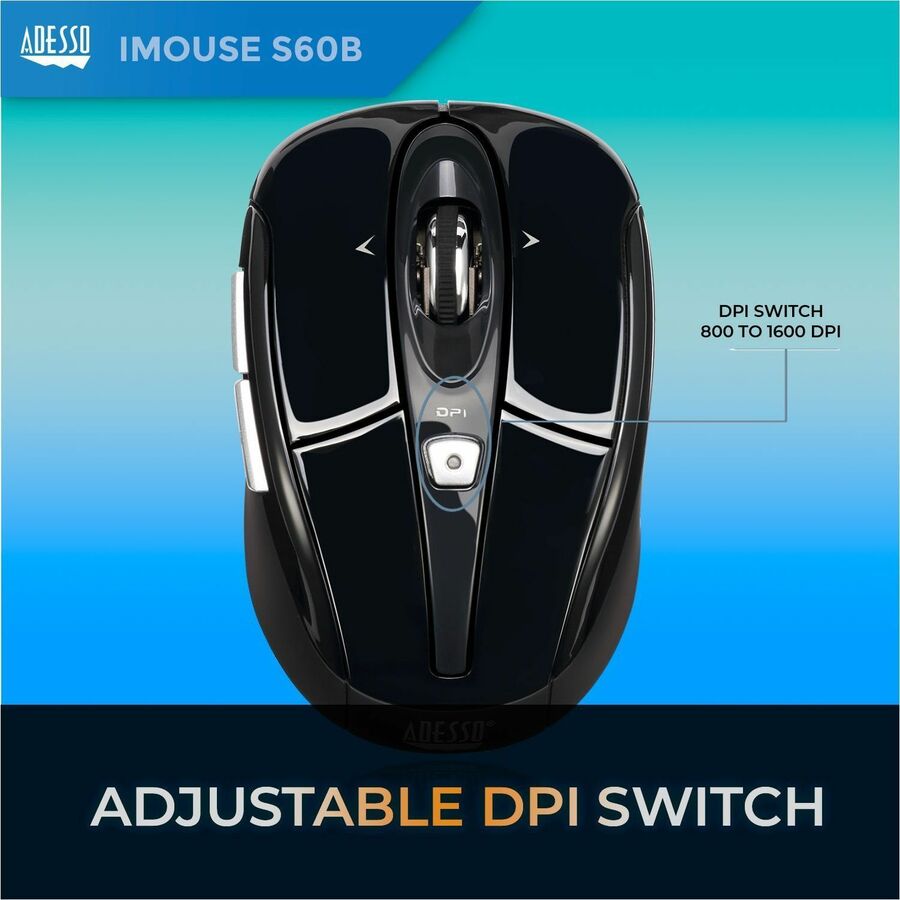 Adesso iMouse S60B Mouse - Radio Frequency - USB - Optical - 6 Button(s) - Black