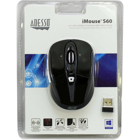 Adesso iMouse S60B Mouse - Radio Frequency - USB - Optical - 6 Button(s) - Black