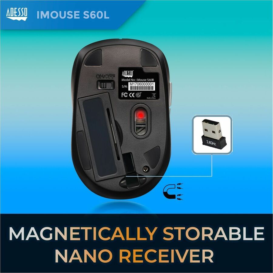 Adesso iMouse S60L Mouse - Radio Frequency - USB - Optical - 6 Button(s) - Blue