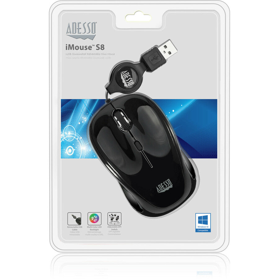Adesso iMouse S8B Mouse - USB 2.0 - Optical - 3 Button(s) - Black