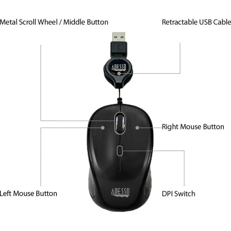 Adesso iMouse S8B Mouse - USB 2.0 - Optical - 3 Button(s) - Black