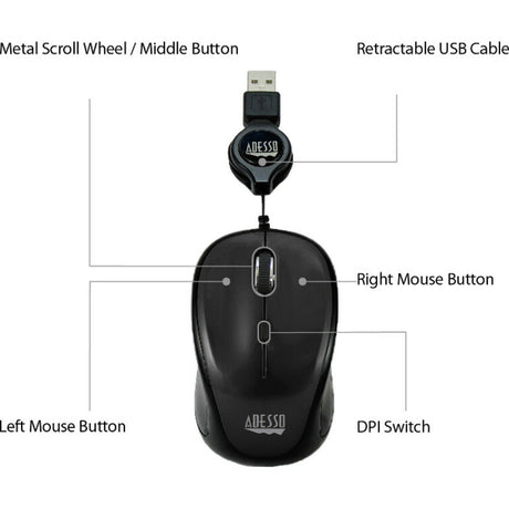 Adesso iMouse S8B Mouse - USB 2.0 - Optical - 3 Button(s) - Black