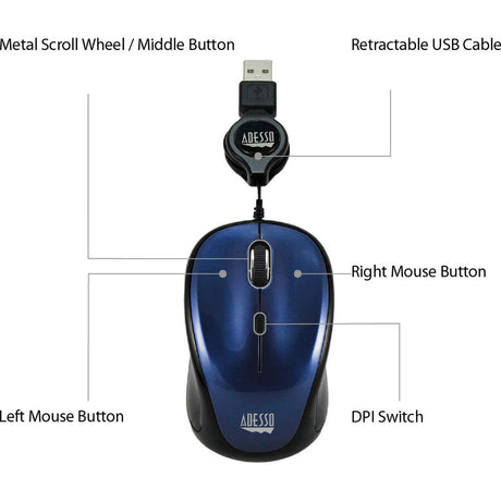 Adesso iMouse S8L Mouse - USB 2.0 - Optical - 3 Button(s) - Blue