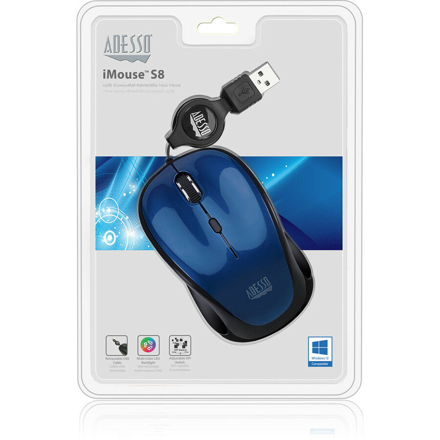Adesso iMouse S8L Mouse - USB 2.0 - Optical - 3 Button(s) - Blue