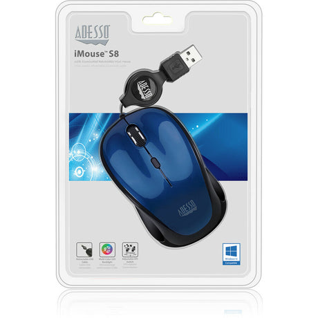 Adesso iMouse S8L Mouse - USB 2.0 - Optical - 3 Button(s) - Blue