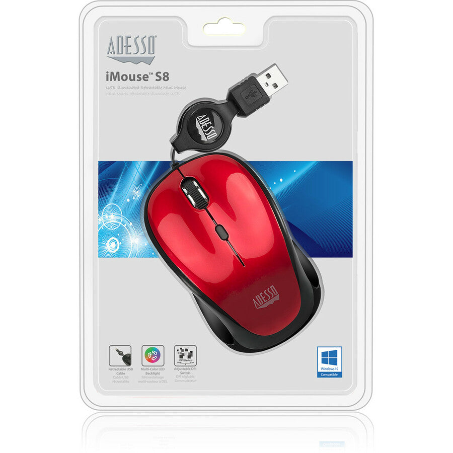 Adesso iMouse S8R Mouse - USB 2.0 - Optical - 3 Button(s) - Red