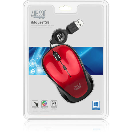 Adesso iMouse S8R Mouse - USB 2.0 - Optical - 3 Button(s) - Red