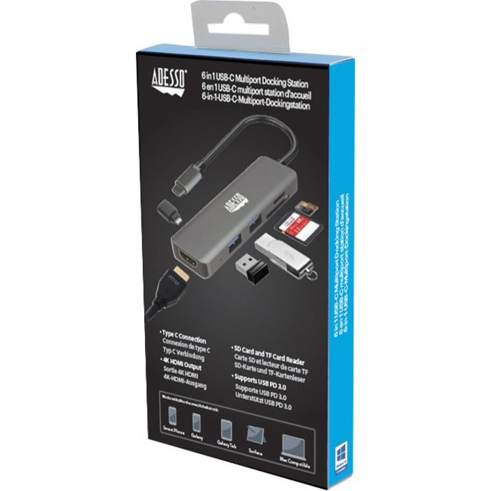 Adesso AUH-4020 USB Type C Docking Station for Monitor, Notebook, Tablet, Smartphone - Charging Capability - Memory Card Reader - SD - TAA Compliant