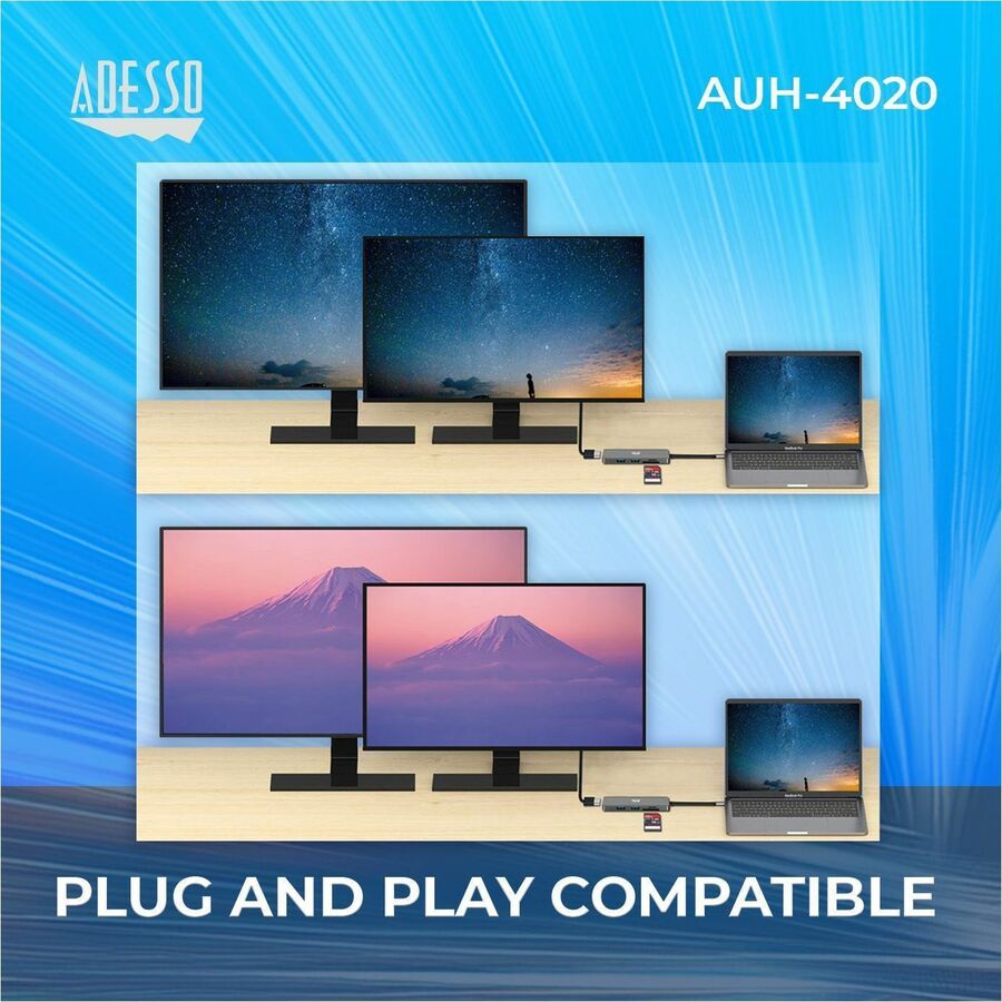 Adesso AUH-4020 USB Type C Docking Station for Monitor, Notebook, Tablet, Smartphone - Charging Capability - Memory Card Reader - SD - TAA Compliant