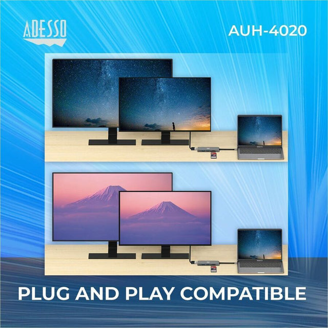 Adesso AUH-4020 USB Type C Docking Station for Monitor, Notebook, Tablet, Smartphone - Charging Capability - Memory Card Reader - SD - TAA Compliant