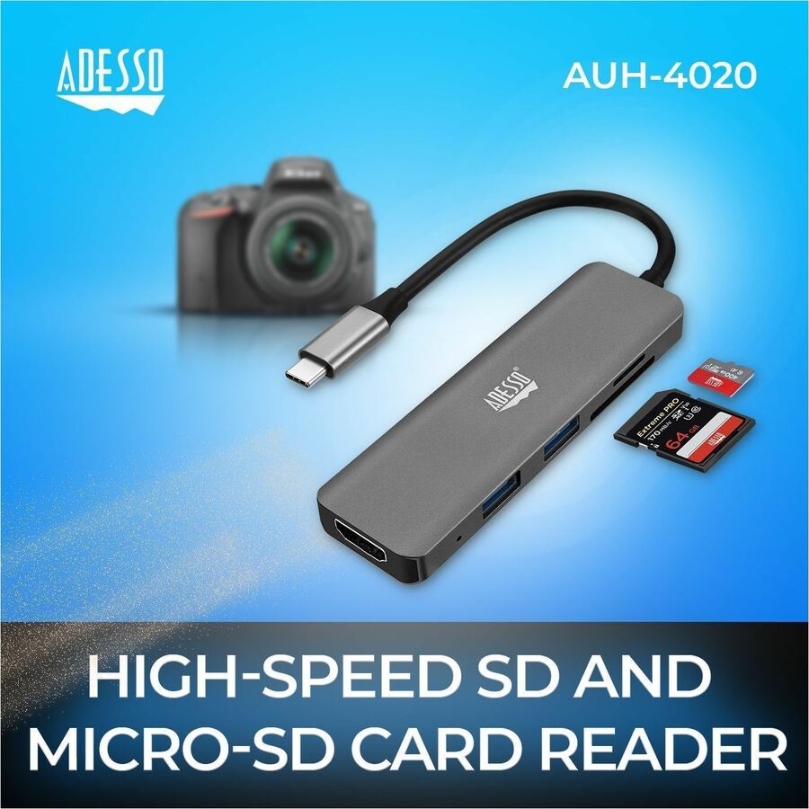 Adesso AUH-4020 USB Type C Docking Station for Monitor, Notebook, Tablet, Smartphone - Charging Capability - Memory Card Reader - SD - TAA Compliant