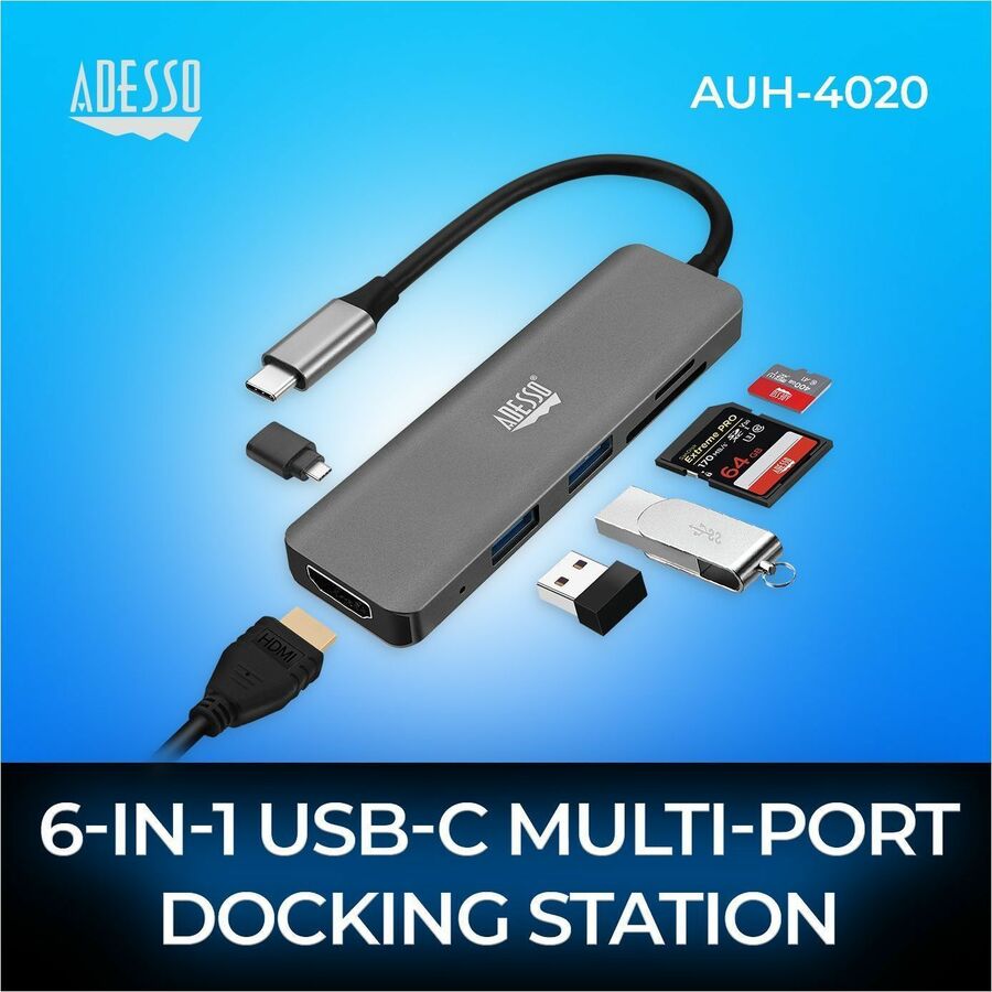 Adesso AUH-4020 USB Type C Docking Station for Monitor, Notebook, Tablet, Smartphone - Charging Capability - Memory Card Reader - SD - TAA Compliant