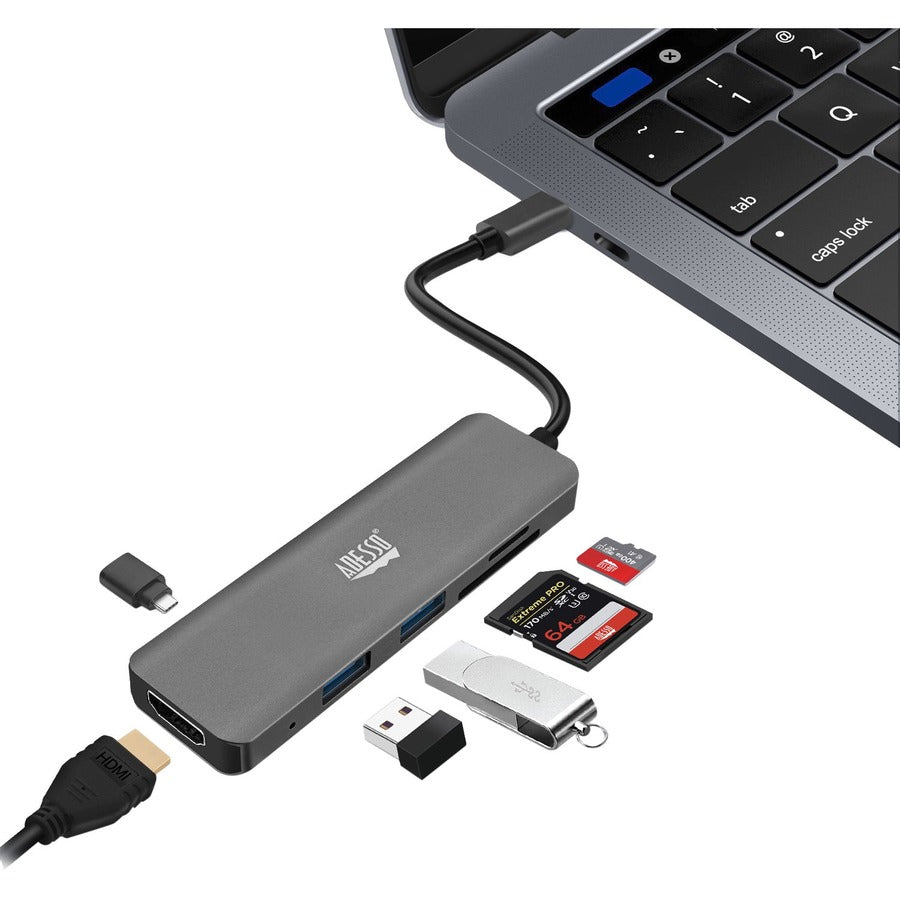 Adesso AUH-4020 USB Type C Docking Station for Monitor, Notebook, Tablet, Smartphone - Charging Capability - Memory Card Reader - SD - TAA Compliant