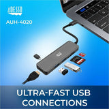Adesso AUH-4020 USB Type C Docking Station for Monitor, Notebook, Tablet, Smartphone - Charging Capability - Memory Card Reader - SD - TAA Compliant