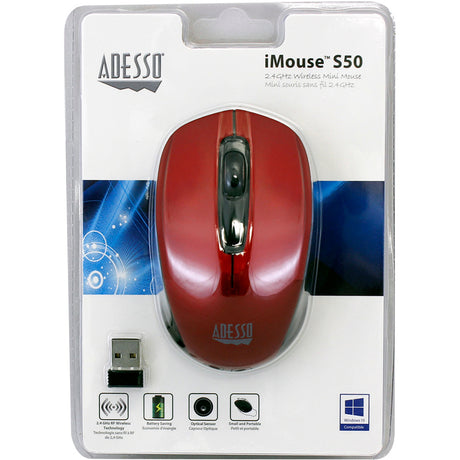 Adesso iMouse S50R Mouse - Radio Frequency - USB - Optical - 3 Button(s) - Red