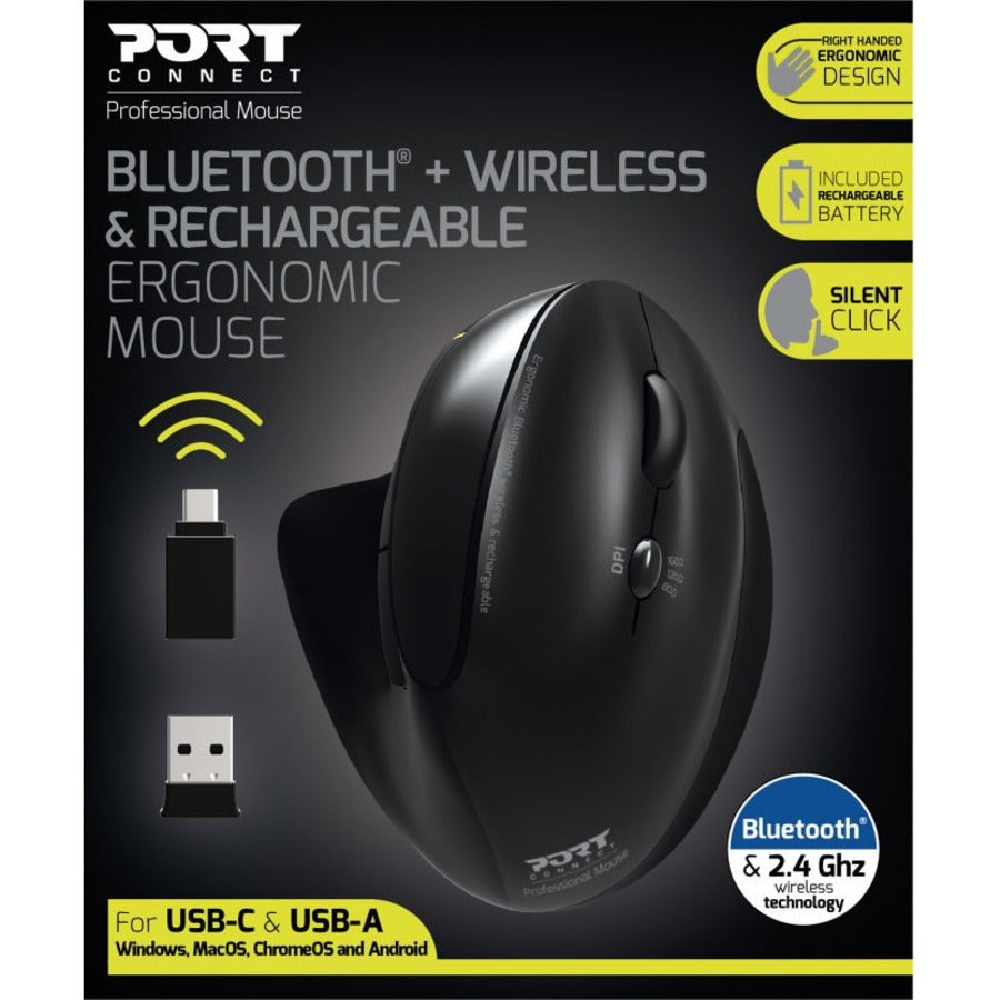 Port Connect Professional Mouse - Bluetooth - USB Type C, USB Type A - Optical - 5 Button(s) - 1