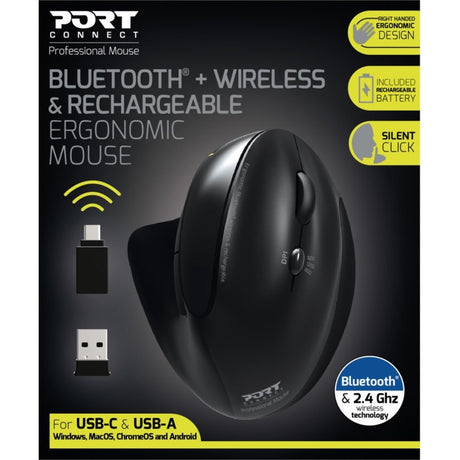Port Connect Professional Mouse - Bluetooth - USB Type C, USB Type A - Optical - 5 Button(s) - 1