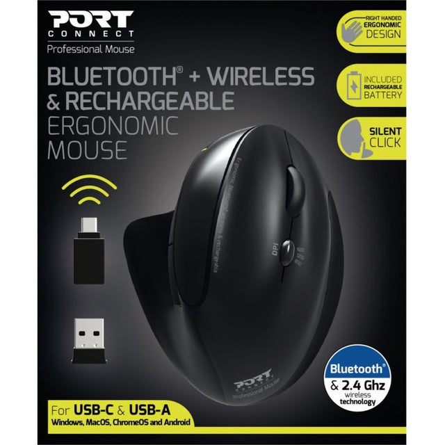 Port Connect Professional Mouse - Bluetooth - USB Type C, USB Type A - Optical - 5 Button(s) - 1