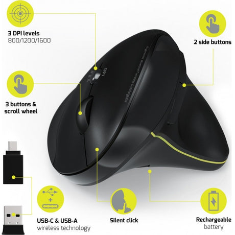 Port Connect Professional Mouse - Bluetooth - USB Type C, USB Type A - Optical - 5 Button(s) - 1