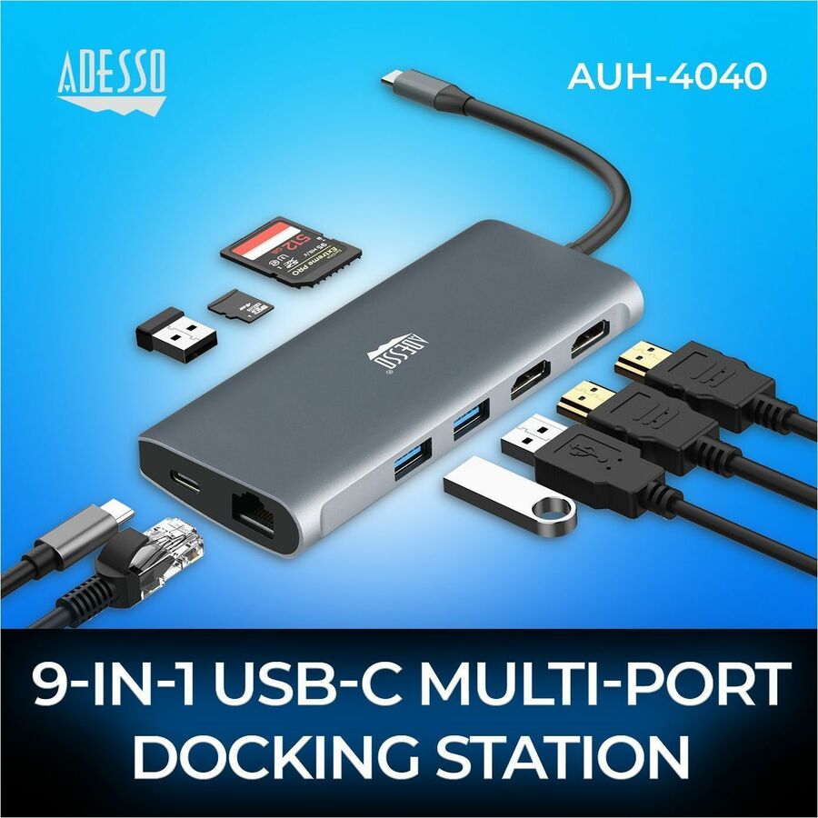 Adesso USB Type C Docking Station for TV, Projector - Charging Capability - Memory Card Reader - SD - TAA Compliant