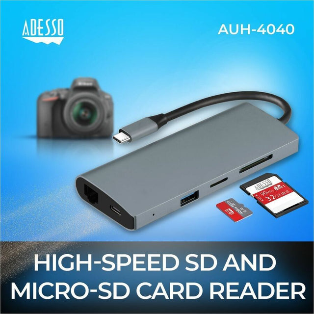 Adesso USB Type C Docking Station for TV, Projector - Charging Capability - Memory Card Reader - SD - TAA Compliant