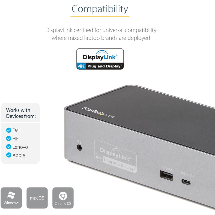 StarTech.com USB-C Dock, 4K 60Hz Quad Monitor DisplayPort & HDMI, Universal USB C Docking Station, 100W Power Delivery, USB Hub 1C/3A, GbE