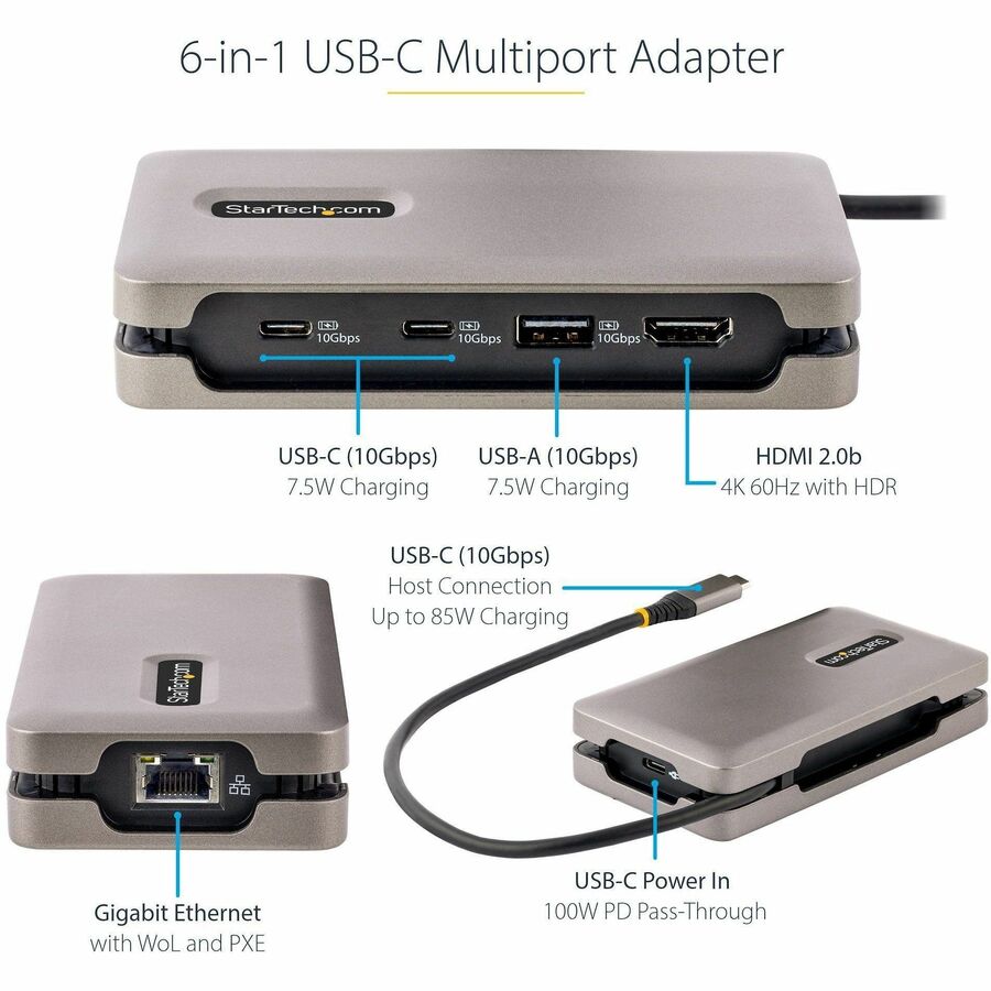 StarTech.com USB-C Multiport Adapter, 4K 60Hz HDMI (HDR), USB 3.2 Gen 2 10Gbps Hub (2xUSB-C/1xUSB-A), 100W PD Pass-Through, GbE, Mini Dock