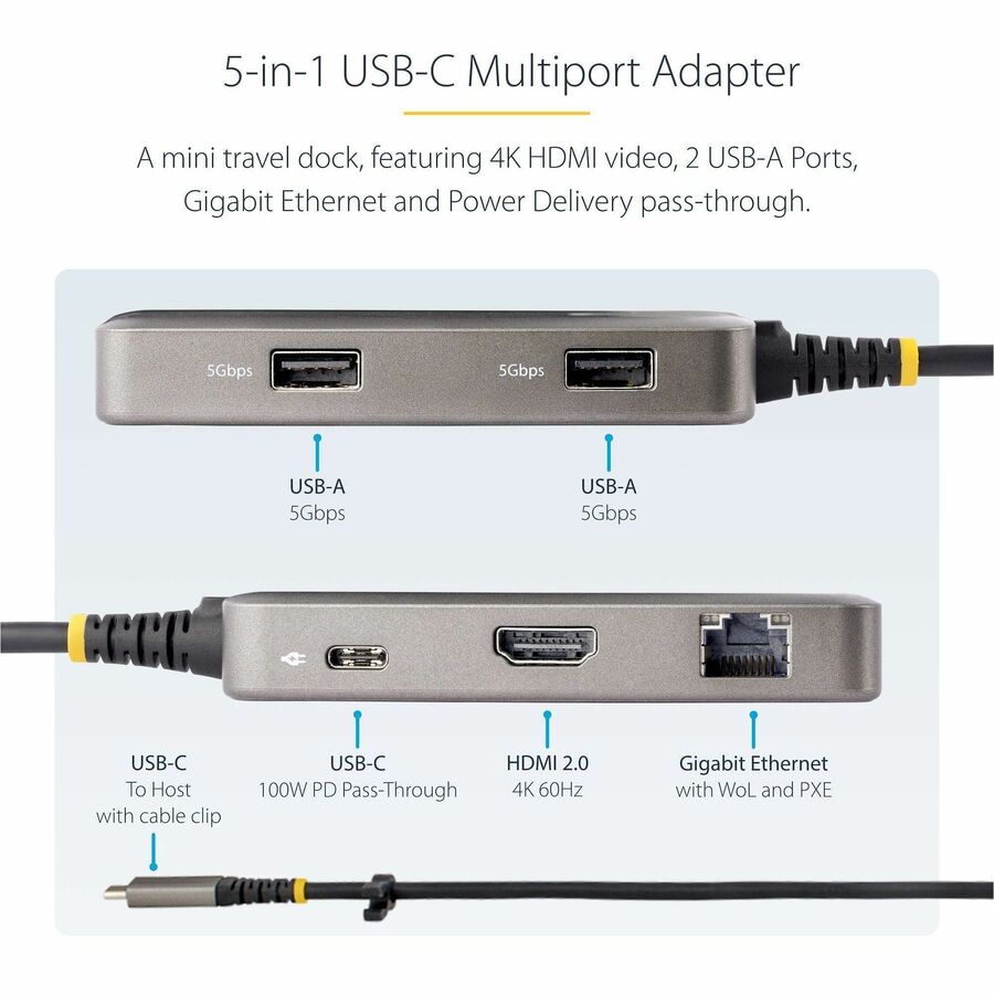 StarTech.com USB-C Multiport Adapter, 4K60Hz HDMI, HDR, 2-Port 5Gbps USB Hub, 100W PD Pass-Through, GbE, Works with Chromebook certified