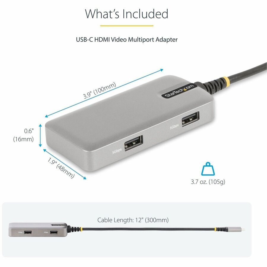 StarTech.com USB-C Multiport Adapter, 4K60Hz HDMI, HDR, 2-Port 5Gbps USB Hub, 100W PD Pass-Through, GbE, Works with Chromebook certified