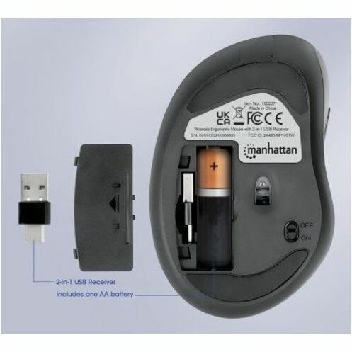 Ergonomic Wireless Mouse, Right Handed, Adjustable 800/1200/1600dpi, 2.4Ghz (up to 10m), Six Button with Scroll Wheel, Combo USB=A and USB-C receiver, Black, AA battery (included), Three Year Warranty