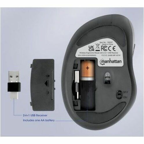 Ergonomic Wireless Mouse, Right Handed, Adjustable 800/1200/1600dpi, 2.4Ghz (up to 10m), Six Button with Scroll Wheel, Combo USB=A and USB-C receiver, Black, AA battery (included), Three Year Warranty