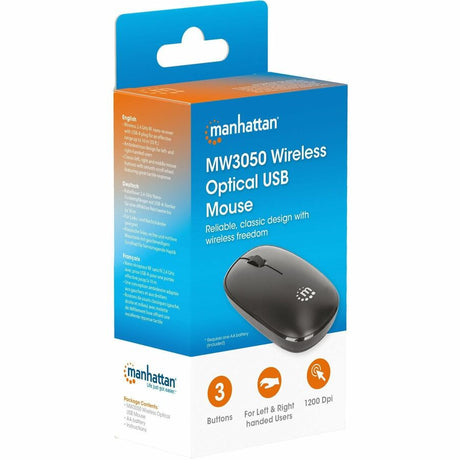 MW3050 Wireless Optical Mouse, Black, 1200dpi, 2.4Ghz (up to 10m), USB, Ambidextrous, Three Button with Scroll Wheel, USB-A nano receiver, AA battery (included), Low friction base, USB version (most popular type, which is USB-A), Three Year Warranty