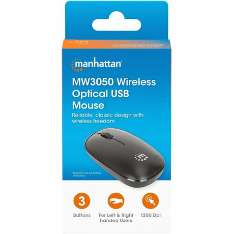 MW3050 Wireless Optical Mouse, Black, 1200dpi, 2.4Ghz (up to 10m), USB, Ambidextrous, Three Button with Scroll Wheel, USB-A nano receiver, AA battery (included), Low friction base, USB version (most popular type, which is USB-A), Three Year Warranty