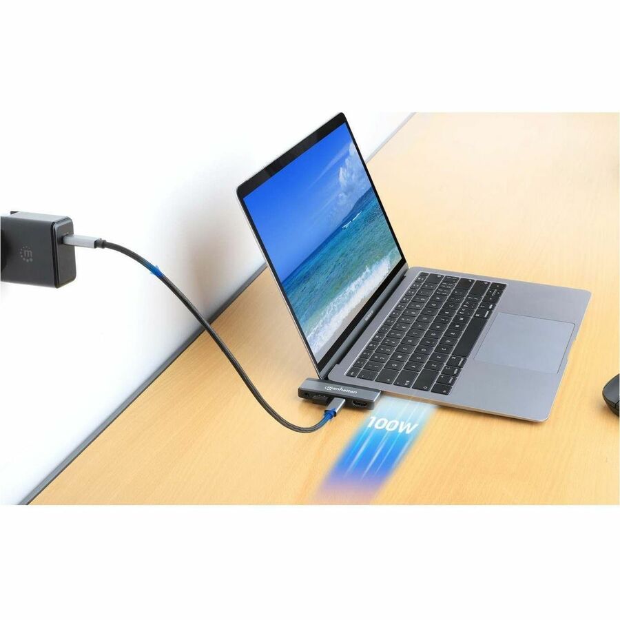 Manhattan USB Type C Docking Station for Notebook, Desktop PC, Monitor, Smartphone, Hard Drive, Speaker, Microphone, Headphone, Mouse, Keyboard, Tablet - Charging Capability - Black, Space Gray