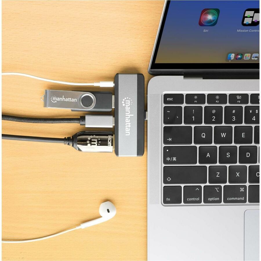 Manhattan USB Type C Docking Station for Notebook, Desktop PC, Monitor, Smartphone, Hard Drive, Speaker, Microphone, Headphone, Mouse, Keyboard, Tablet - Charging Capability - Black, Space Gray