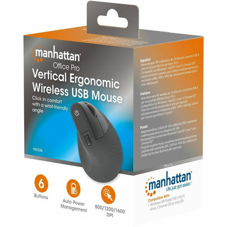 Manhattan Mouse - Radio Frequency - USB Type A - Optical - 6 Button(s) - Black
