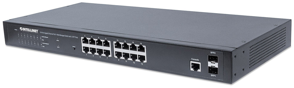 Intellinet 16-Port Gigabit Ethernet PoE+ Web-Managed Switch with 2 SFP Ports, IEEE 802.3at/af Power over Ethernet (PoE+/PoE) Compliant, 374 W, Endspan, 19" Rackmount (UK 3-pin plug)